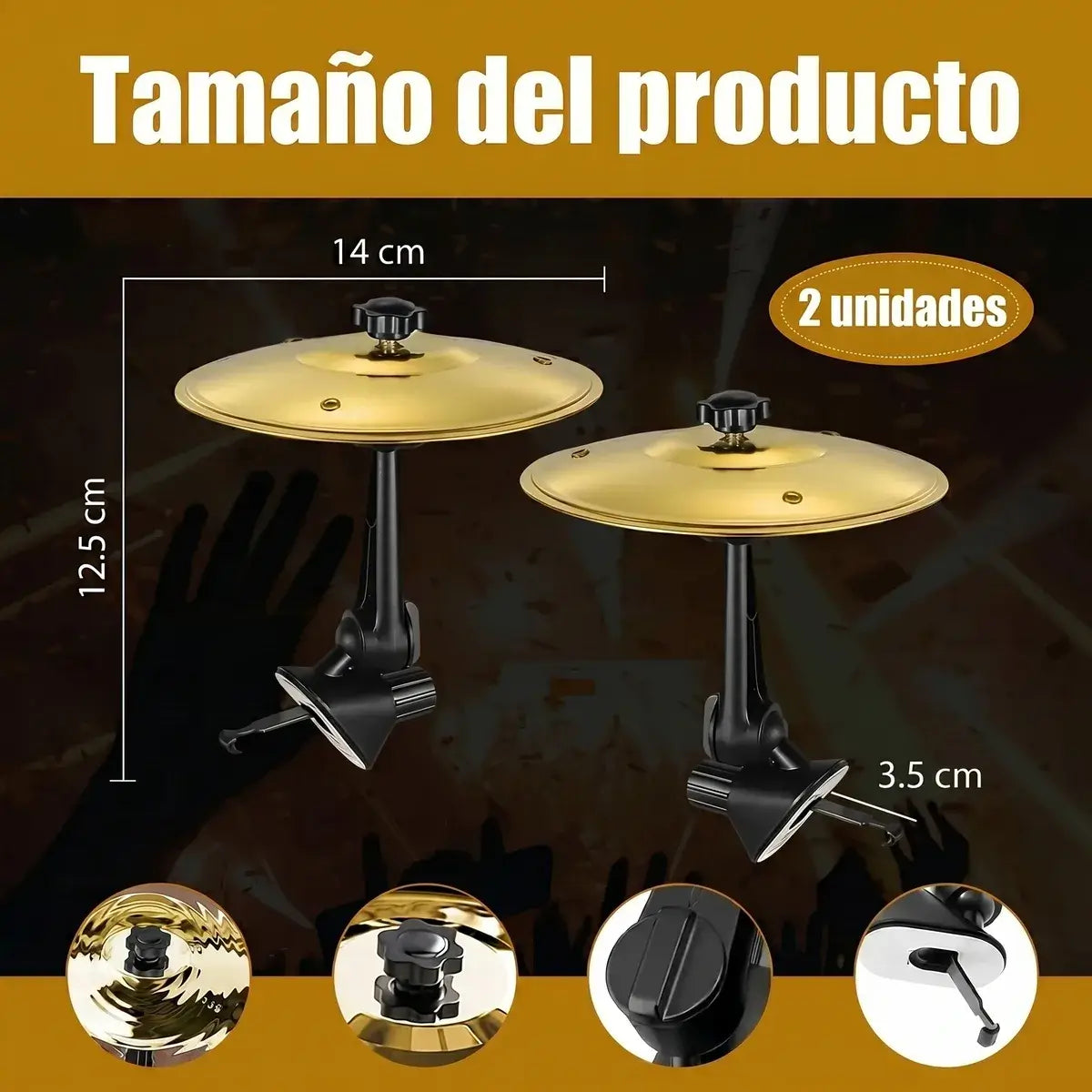 Pack 2 mini platillos de batería para coche dorados con medidas 14cm diámetro y soporte 12,5cm