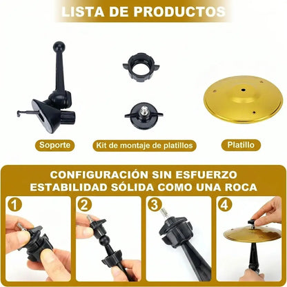 Componentes del mini platillo de batería para coche: soporte, kit de montaje y platillo dorado con instrucciones de ensamblaje en 4 pasos