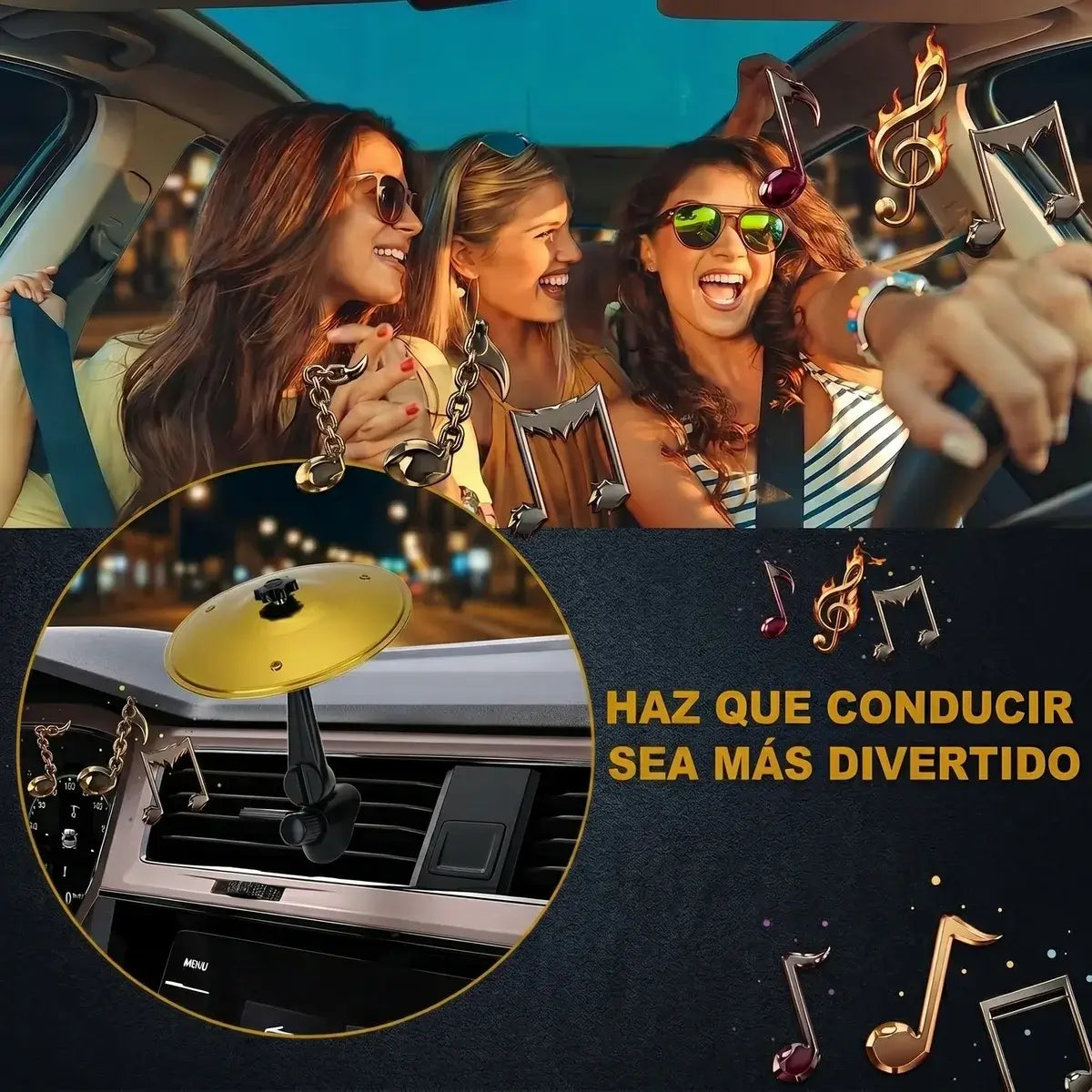 Amigas disfrutando de la música en el coche con mini platillo de batería dorado instalado en la rejilla de ventilación