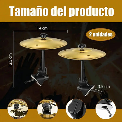Pack 2 mini platillos de batería para coche dorados con medidas 14cm diámetro y soporte 12,5cm